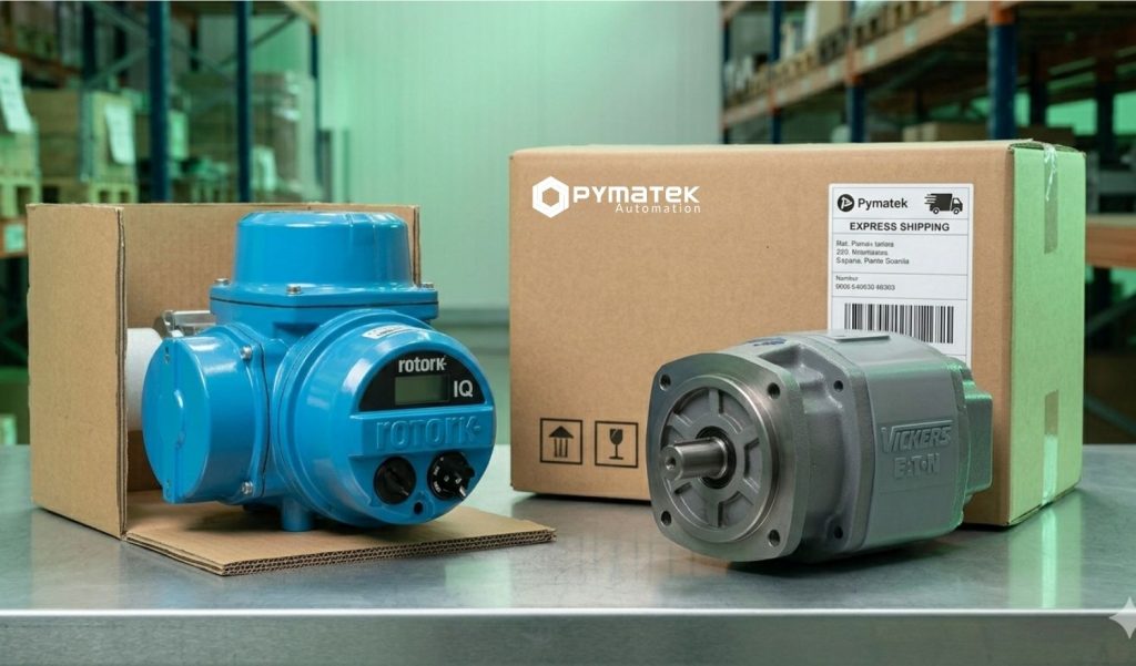 Actuador de válvula Rotork IQ azul y bomba hidráulica Vickers Eaton nuevos sobre una mesa de taller junto a una caja de envío urgente de Pymatek Automation.