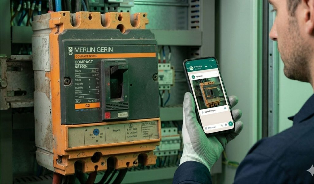 Primer plano de un interruptor automático Merlin Gerin Compact NS100N en un cuadro eléctrico mientras un operario le toma una foto para enviarla al WhatsApp de Pymatek.