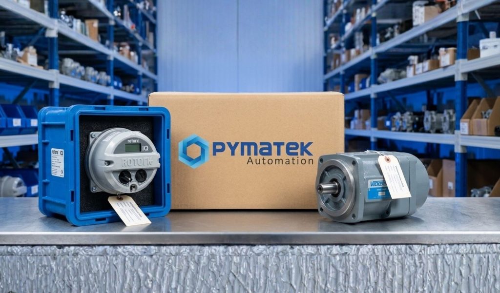 Almacén logístico de componentes industriales con cajas de envío de Pymatek Automation, un actuador Rotork y un motor hidráulico Vickers listos para despacho.